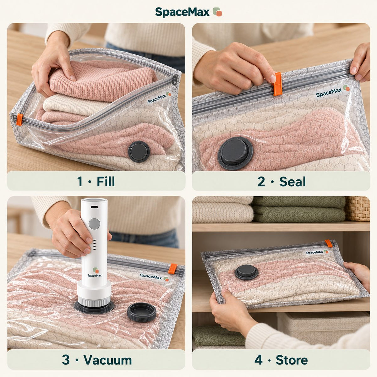 Fill, seal, vacuum, store