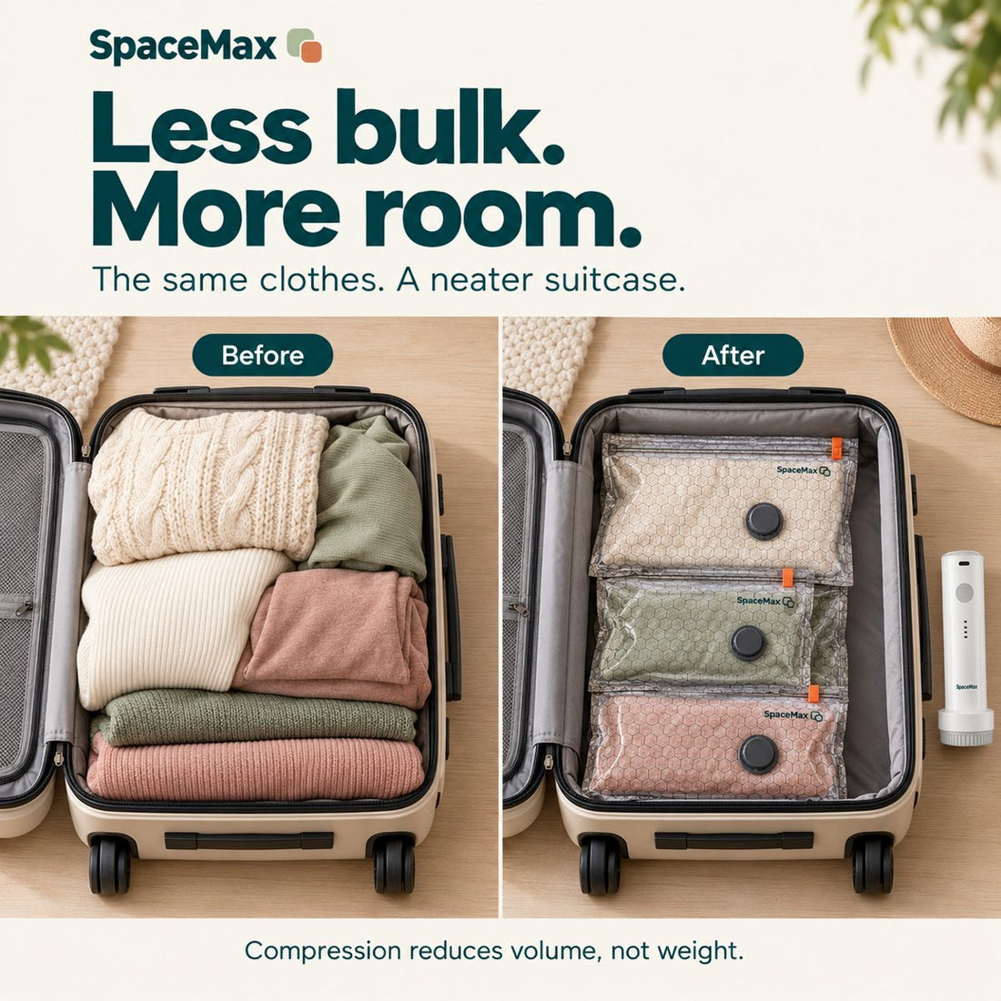 Same carry-on before and after packing with SpaceMax bags