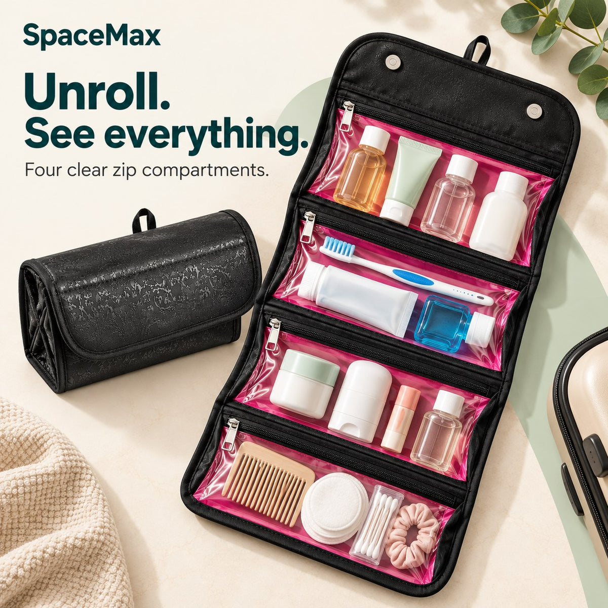 Roll-up travel bag unrolled showing four clear zip compartments