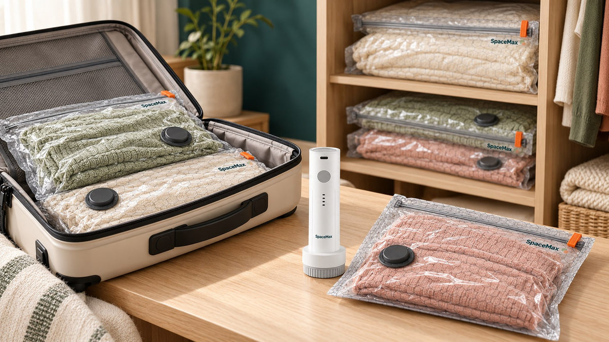 SpaceMax bags packed flat in a suitcase and on closet shelves, with the cordless pump