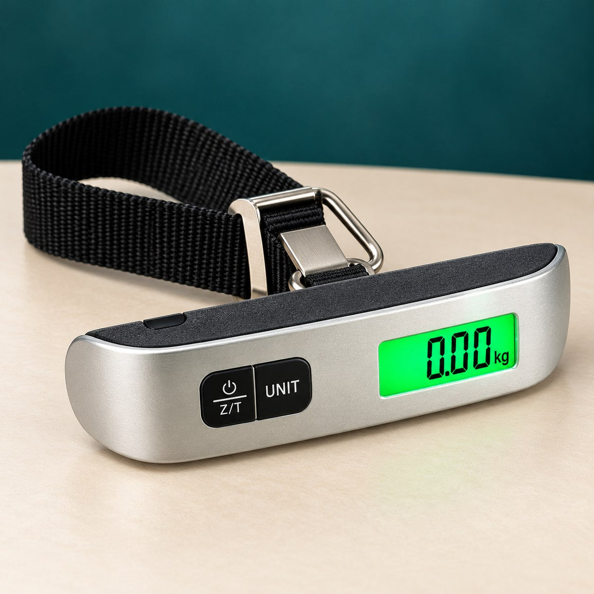 SpaceMax digital luggage scale with backlit display and nylon strap
