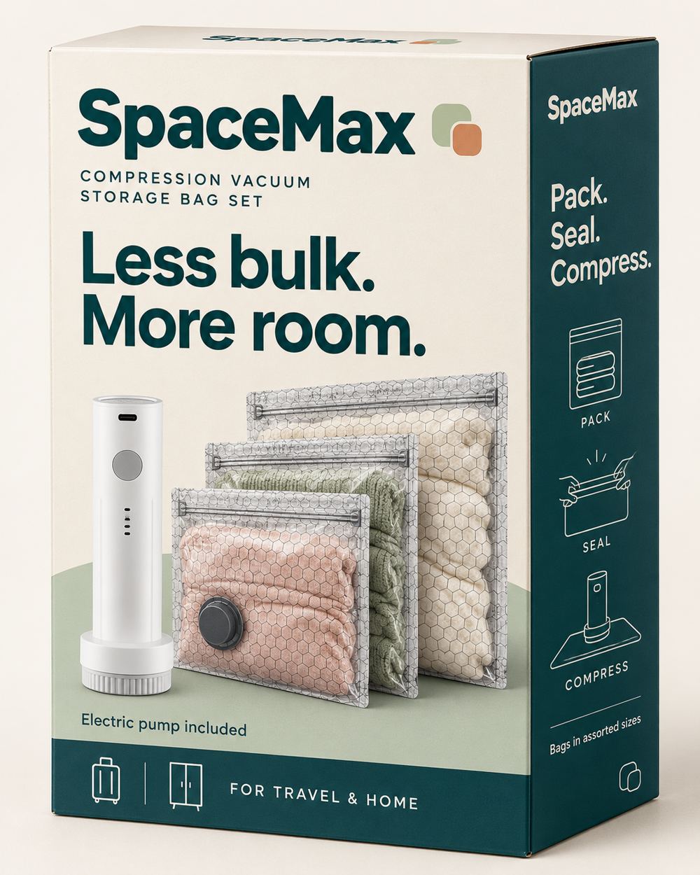 SpaceMax box front: cordless pump and three compressed bags, Less bulk. More room.