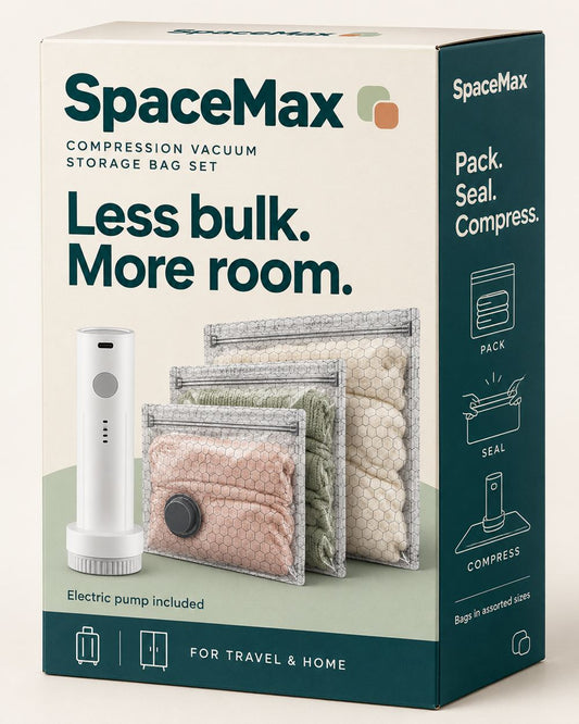 SpaceMax box front: cordless pump and three compressed bags, Less bulk. More room.