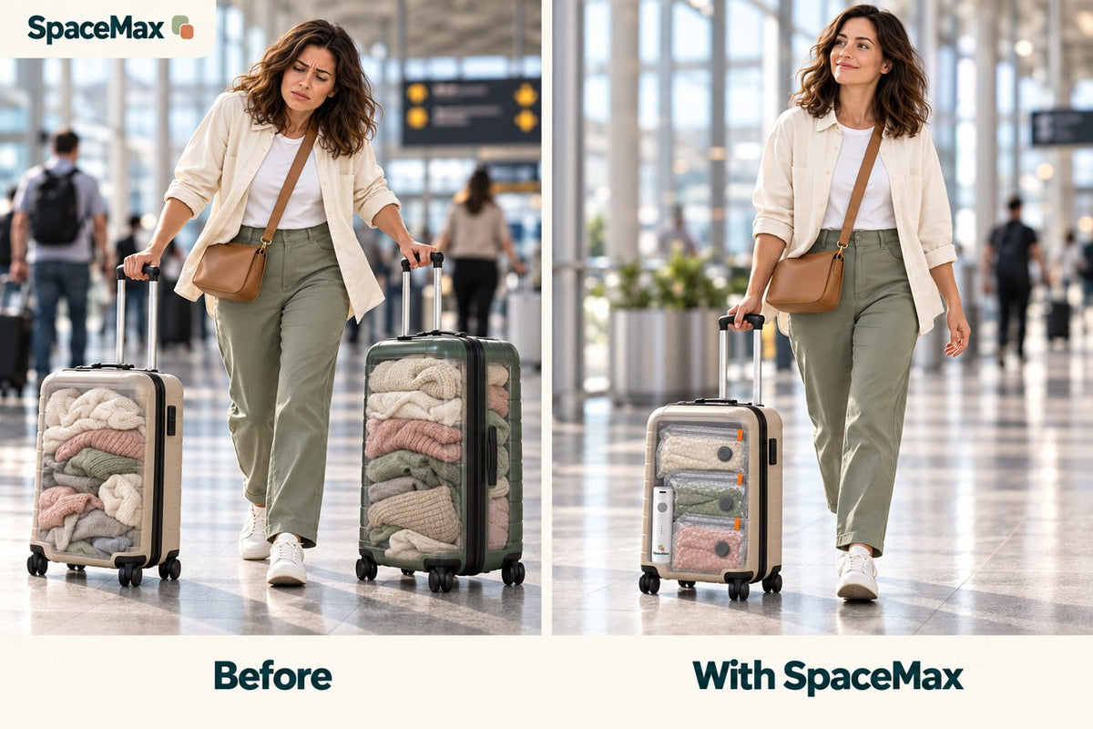 Two suitcases packed loose versus one suitcase with SpaceMax bags