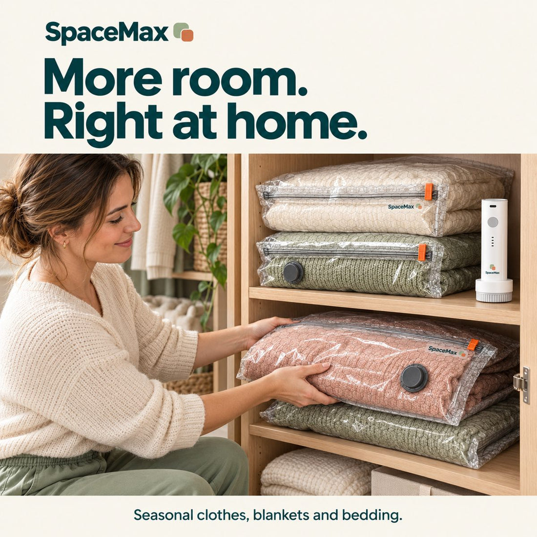 Flat SpaceMax bags of sweaters on a closet shelf