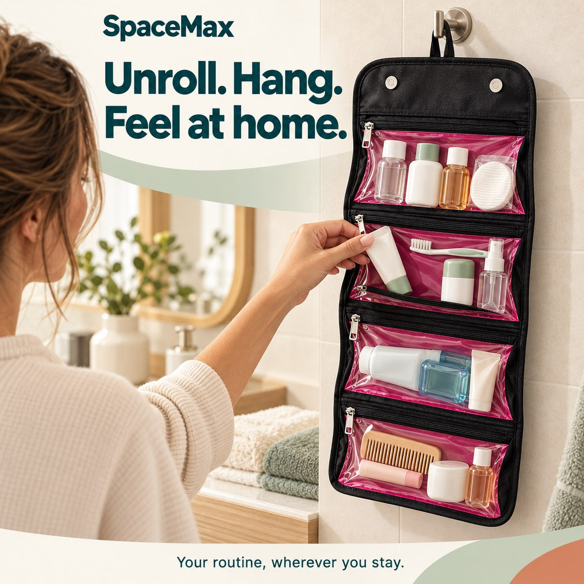 Roll-up travel bag hanging on a bathroom hook