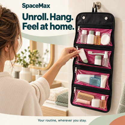 Roll-up travel bag hanging on a bathroom hook
