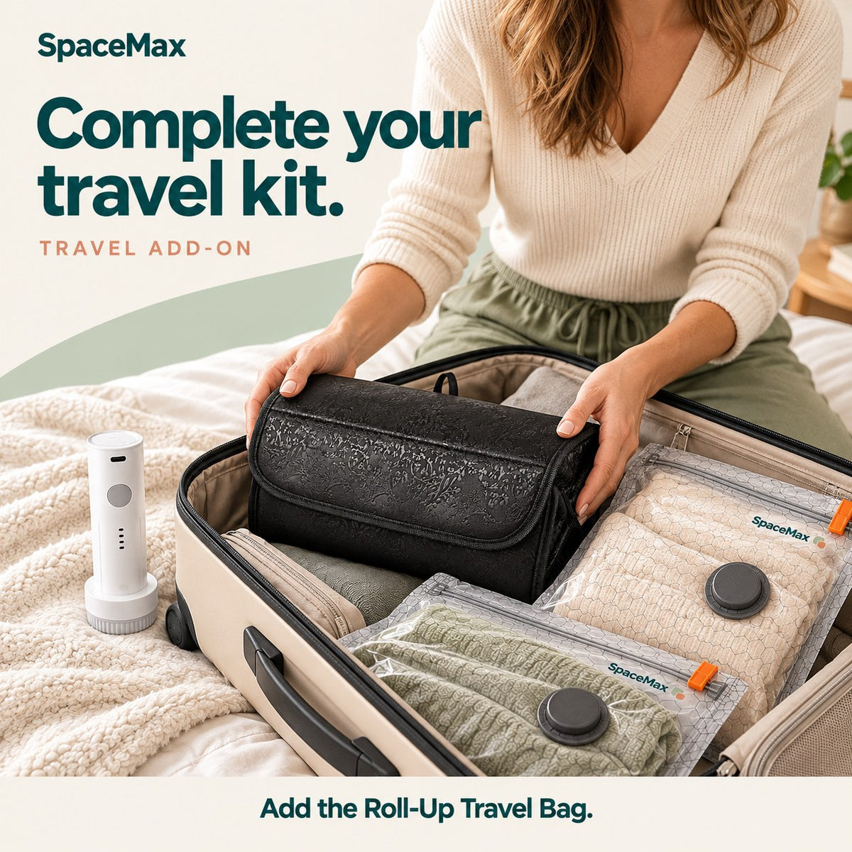 Roll-up travel bag packed in a suitcase next to SpaceMax vacuum bags and pump