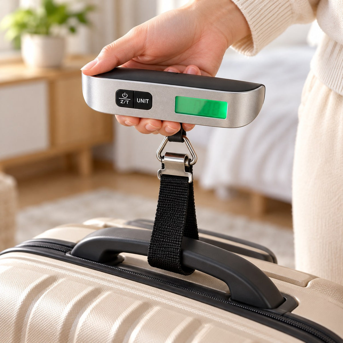 Weighing a suitcase by its handle with the SpaceMax luggage scale